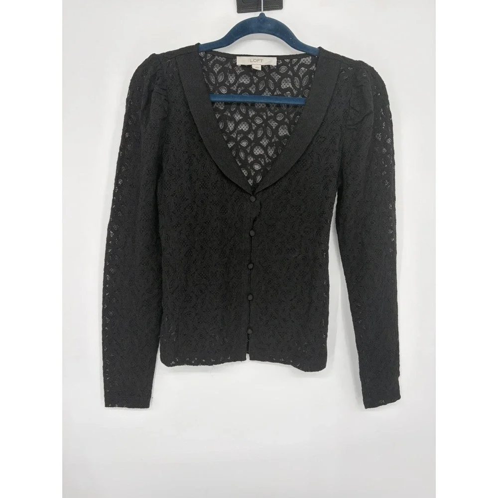 LOFT Women's Black Lace Button Down Top With Lapel and puff Sleeve Size Small